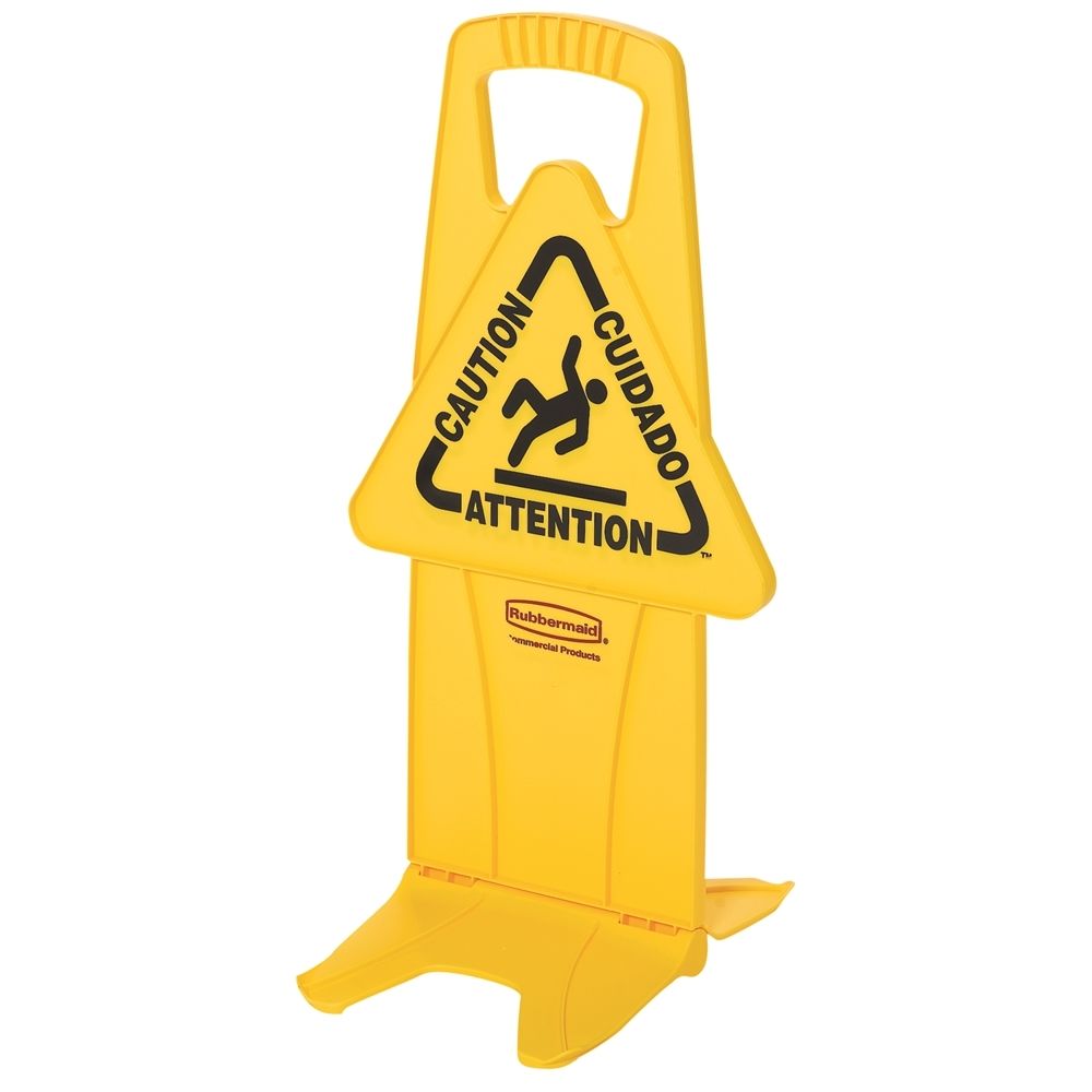 Rubbermaid 26 Inch Multilingual "Caution" Stable Safety Sign, 2-Sided, Yellow